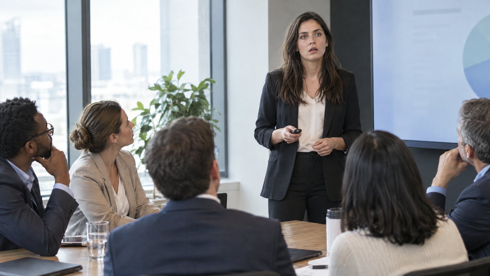 A woman presenting in a meeting room pauses mid-sentence while her colleagues look at her